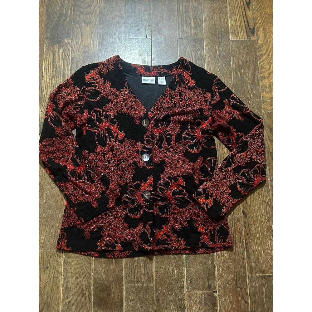 Chico's Textured Floral Red and Black Cardigan-Size Chico 0 (small)-Stretchy